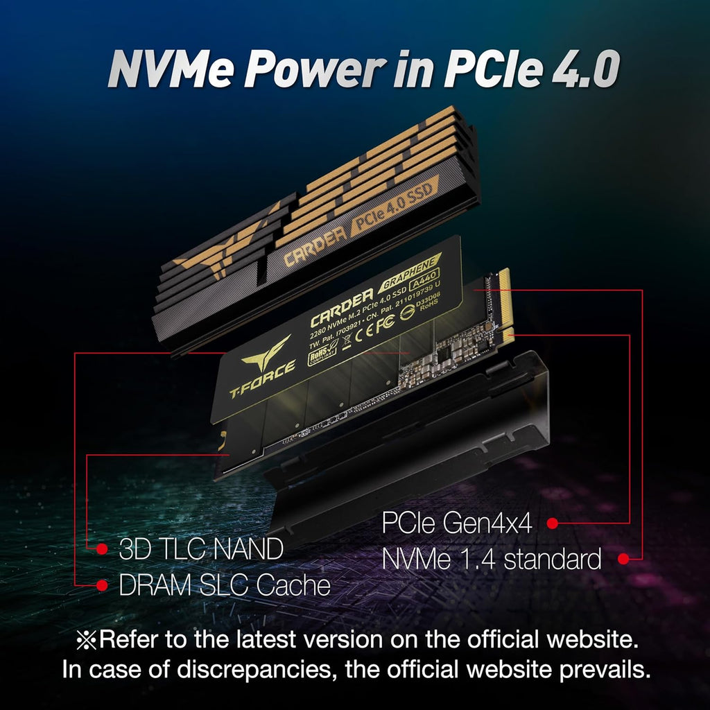 T-Force CARDEA A440 Graphene & Aluminum Heatsink 2TB with DRAM SLC Cache 3D NAND TLC Nvme Pcie Gen4 X4 M.2 2280 Gaming Internal SSD Read/Write 7,000/6,900 Mb/S TM8FPZ002T0C327